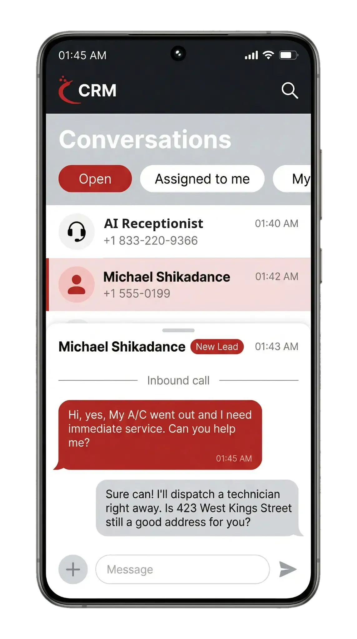 Mobile Phone showing Cayenne CRM conversation between customer support AI and New Lead