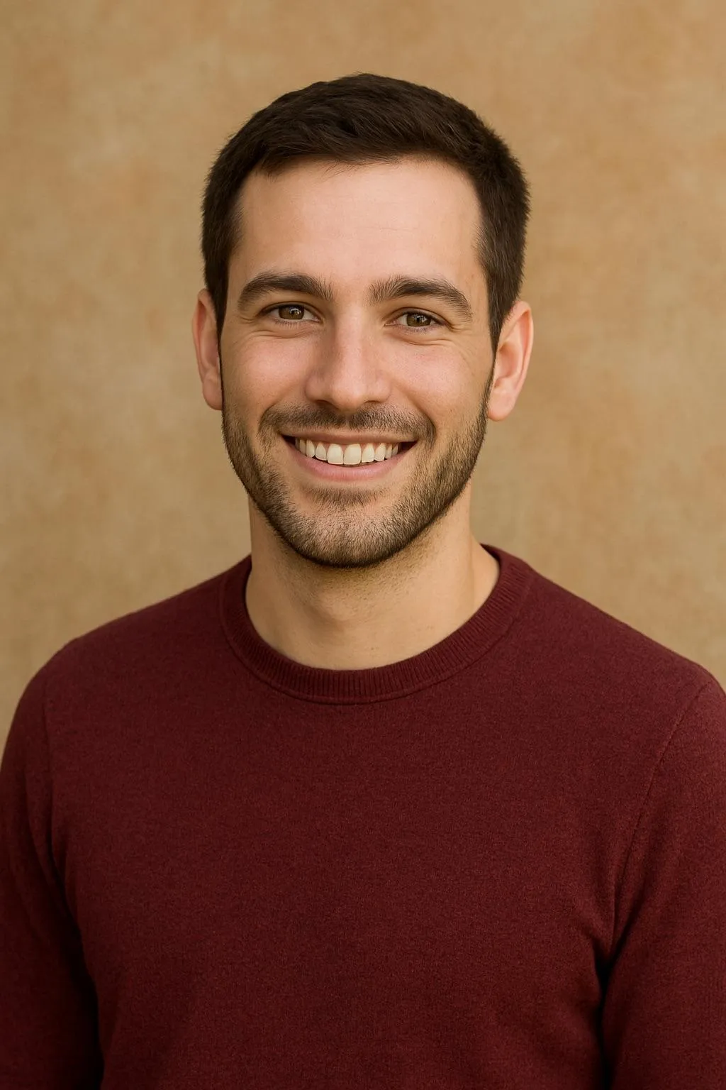 Man with red shirt smiling for customer testimonial
