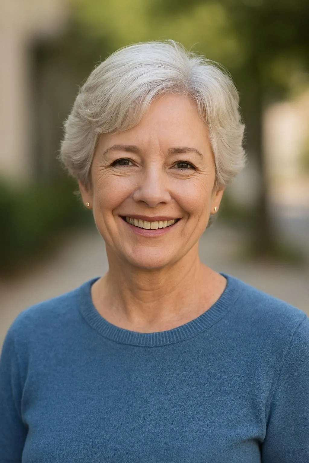 older woman in blue shirt 