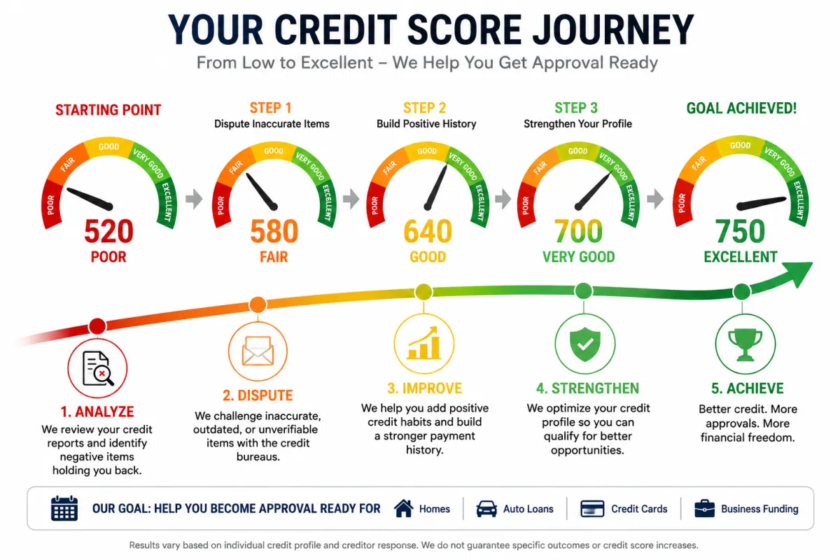 Graphic showing credit score progression with labeled ticks at 300, 500, 650, 720, and 750