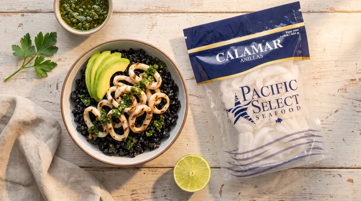 Calamar a la parrilla con chimichurri y coliflor negra