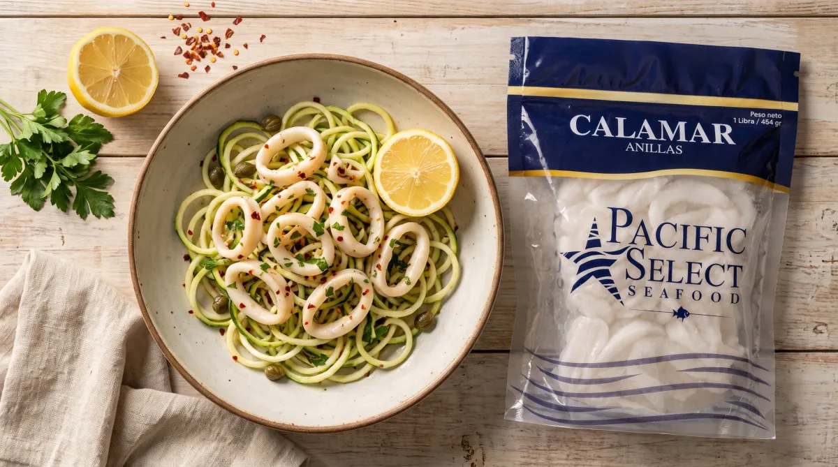 Calamar al ajillo con fideos de zucchini