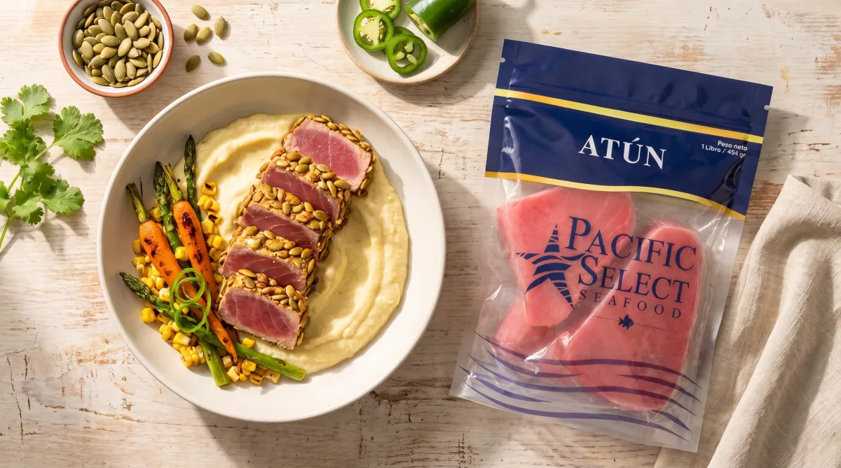 Atún en costra de pepitas con humita keto de coliflor