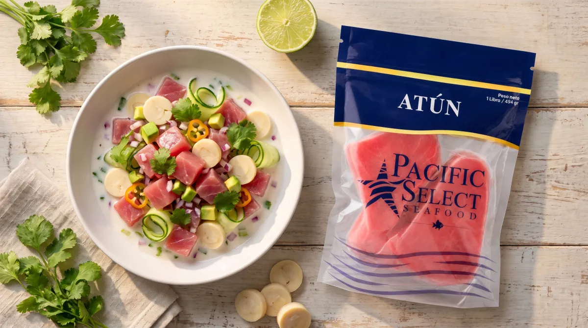 Ceviche amazónico de atún, coco, palmito y aguacate