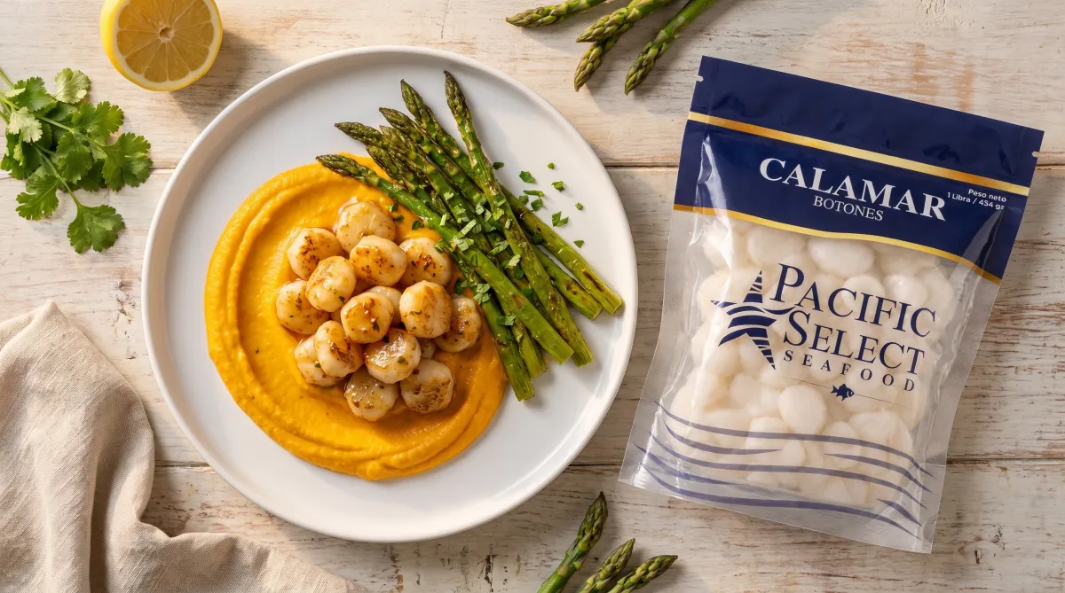 Calamar en mantequilla de limón y puré de coliflor al achiote