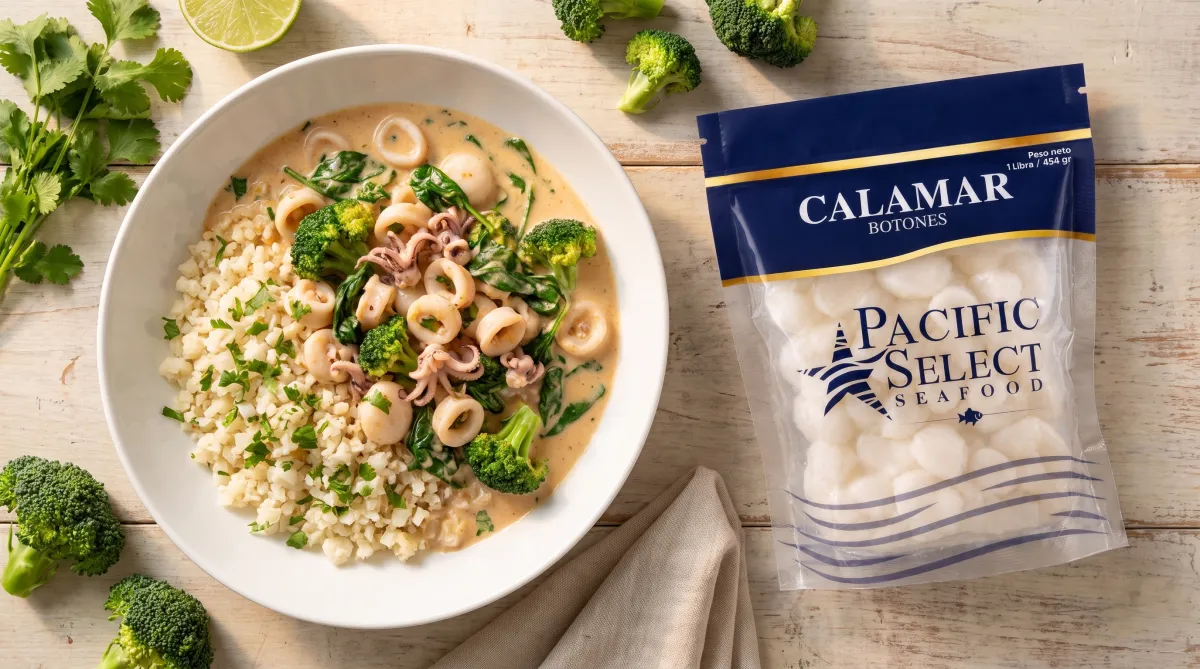 Botones de calamar encocados con vegetales verdes