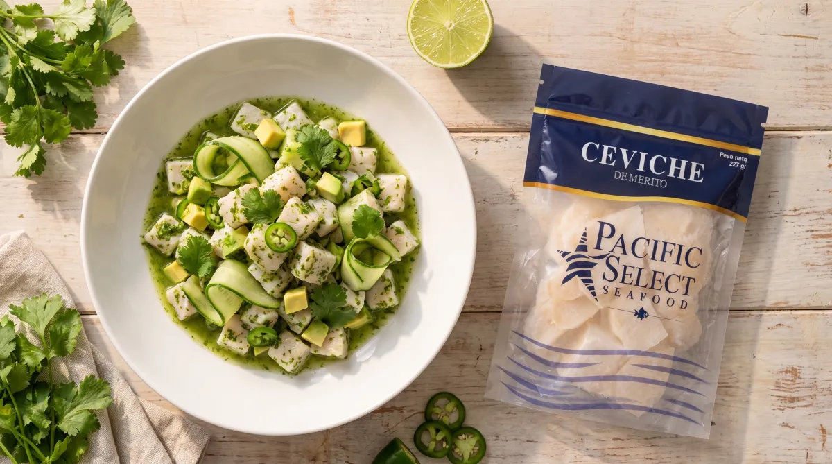 Ceviche verde de mérito con pepino y ají serrano