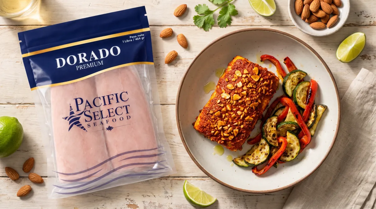 Dorado al achiote con costra de almendra