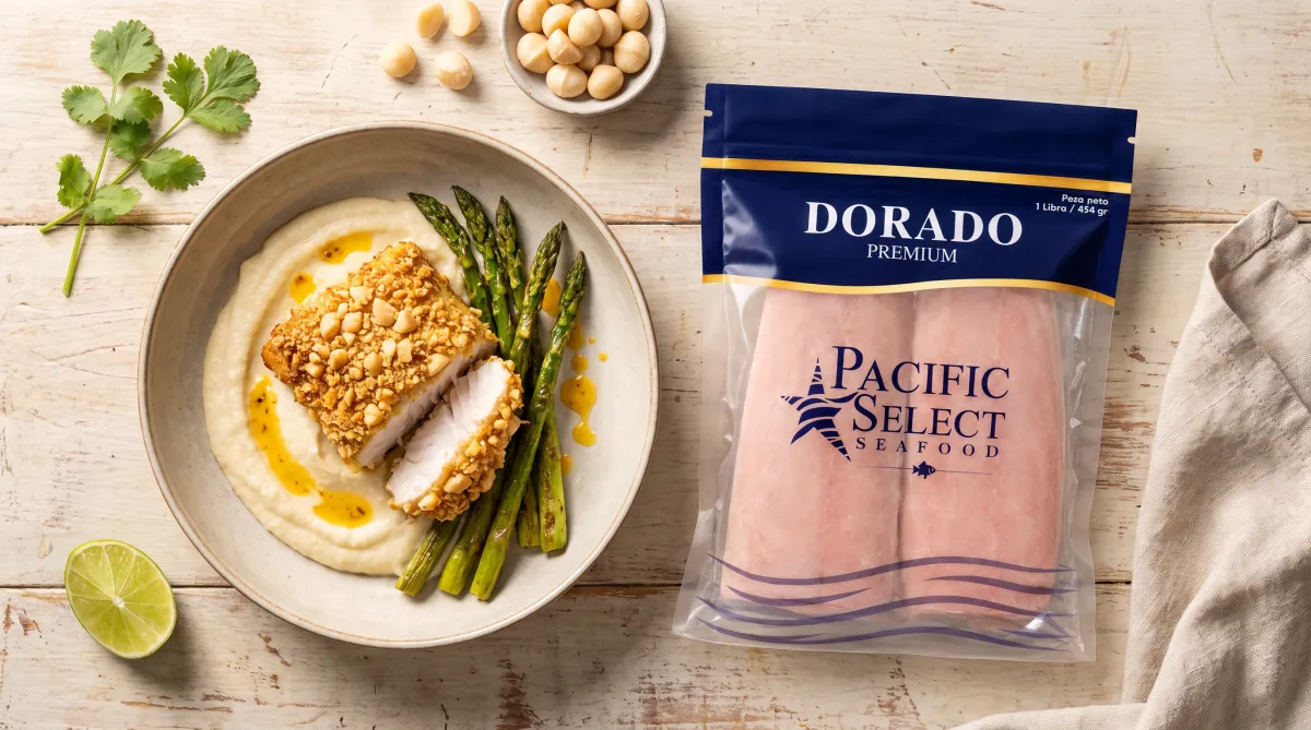 Dorado en costra de macadamia con puré de coliflor
