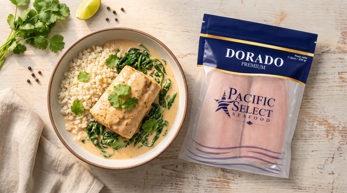 Dorado encocado con espinaca y arroz de coliflor
