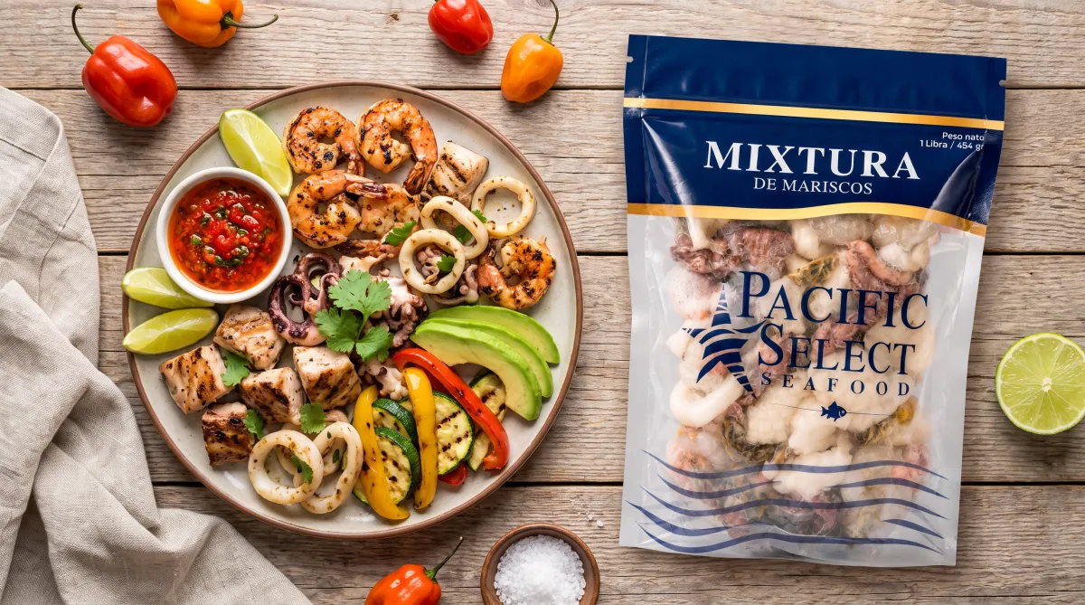 Parrillada de mariscos con chimichurri de rocoto