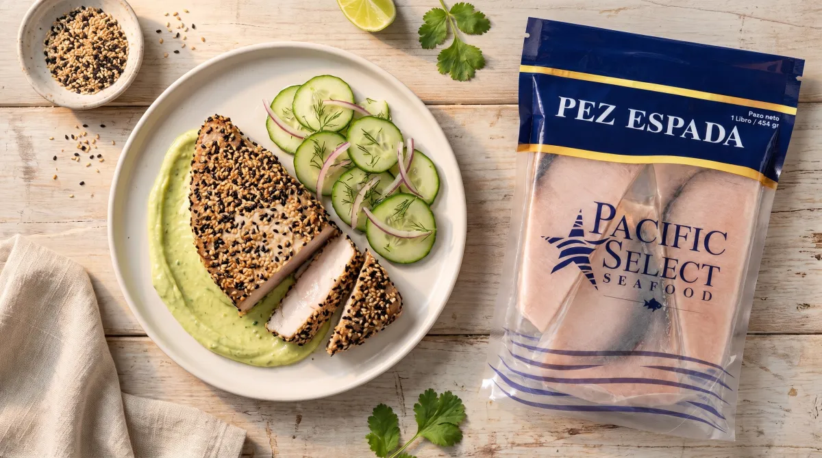 Pez espada en costra de sésamo y ají verde