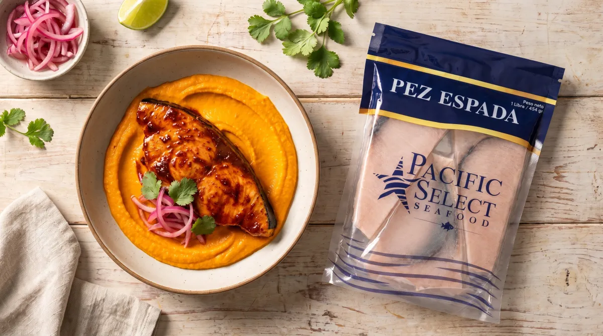 Pez espada con puré de coliflor