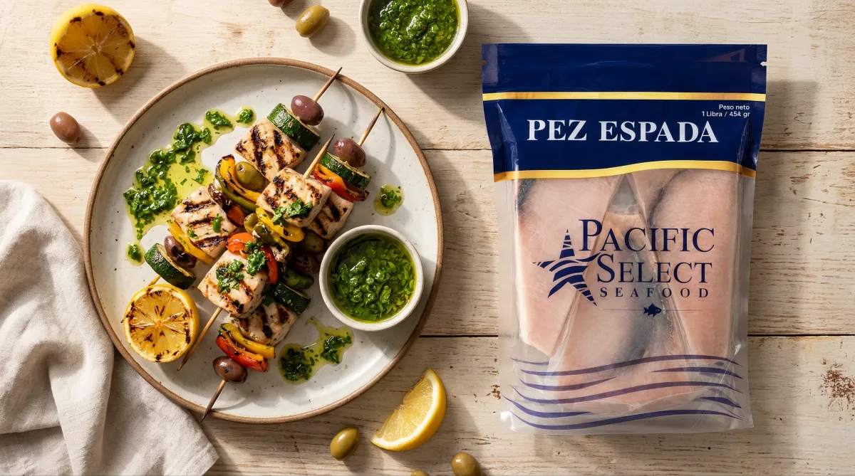 Brochetas mediterráneo-latinas de pez espada