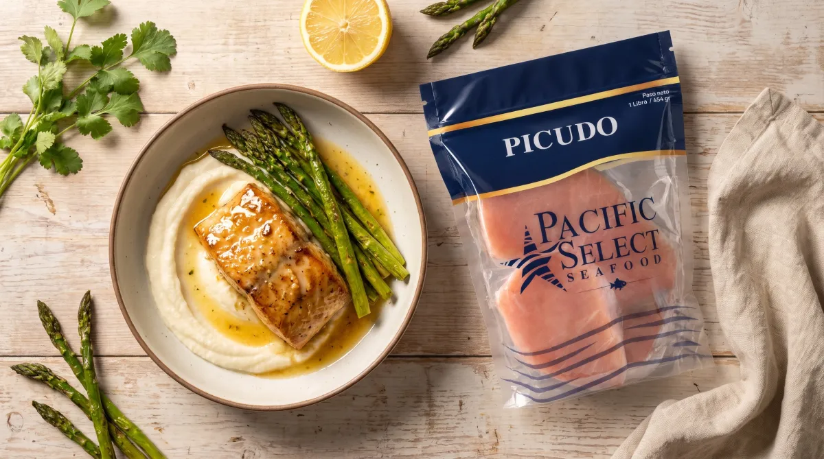 Picudo al ajillo con puré de coliflor