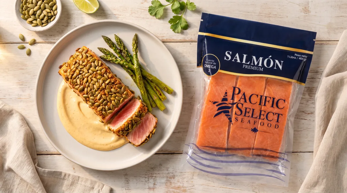 Salmón en costra de semillas y crema de ají amarillo