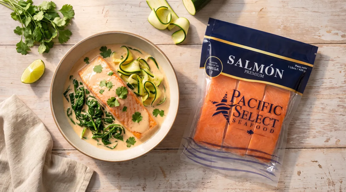 Salmón encocado con espinaca y zucchini