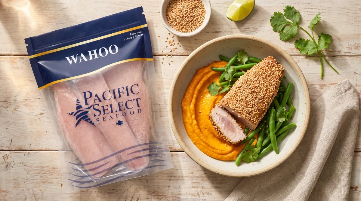 Wahoo en costra de ajonjolí con puré de coliflor