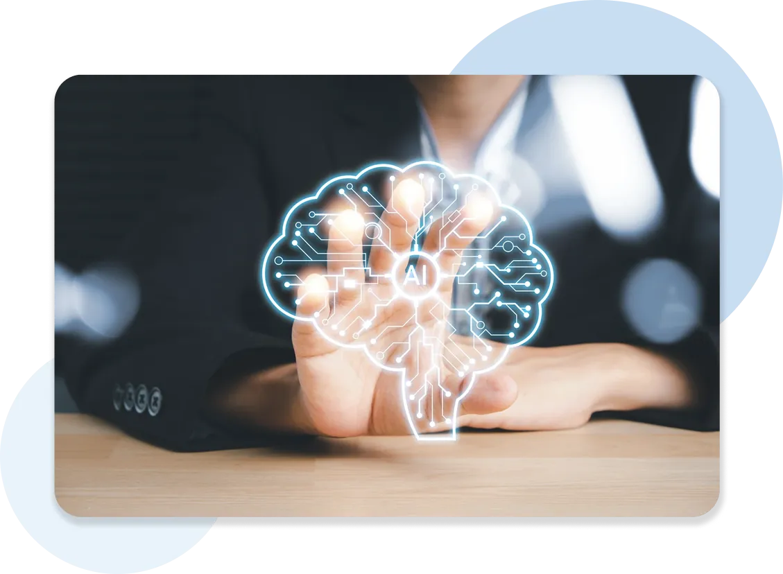 Person holding glowing digital AI brain illustration.