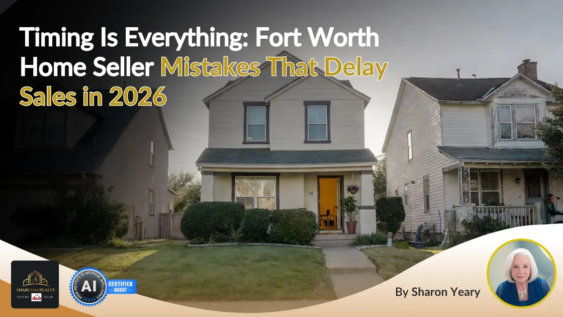 Blog cover graphic: “Timing Is Everything: Fort Worth Home Seller Mistakes That Delay Sales in 2026” by Sharon Yeary, showing residential homes and Sharcom Realty branding