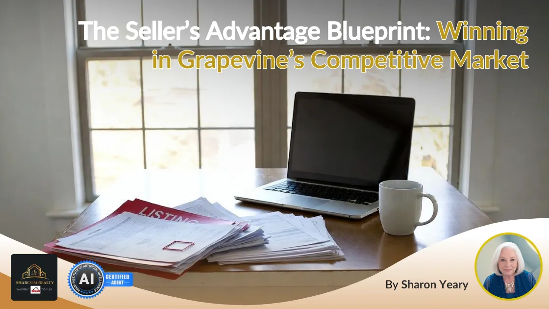 Blog cover graphic: “The Seller’s Advantage Blueprint: Winning in Grapevine’s Competitive Market” by Sharon Yeary, showing listing paperwork, a laptop, and coffee on a desk