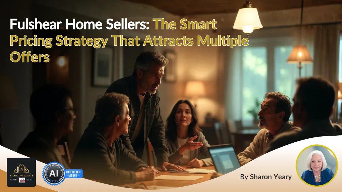 Blog cover graphic: “Fulshear Home Sellers: The Smart Pricing Strategy That Attracts Multiple Offers” by Sharon Yeary, showing a seller strategy meeting and Sharcom Realty branding