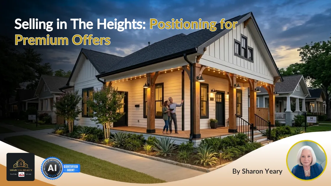 Blog cover graphic: “Selling in The Heights: Positioning for Premium Offers” by Sharon Yeary, showing a well-presented Heights-style home at dusk with strong curb appeal