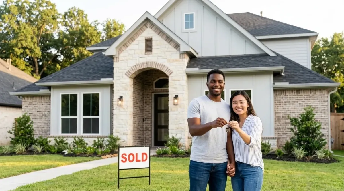 Happy homebuyers holding keys in front of a newly purchased house with a sold sign, celebrating the successful purchase of their new home.