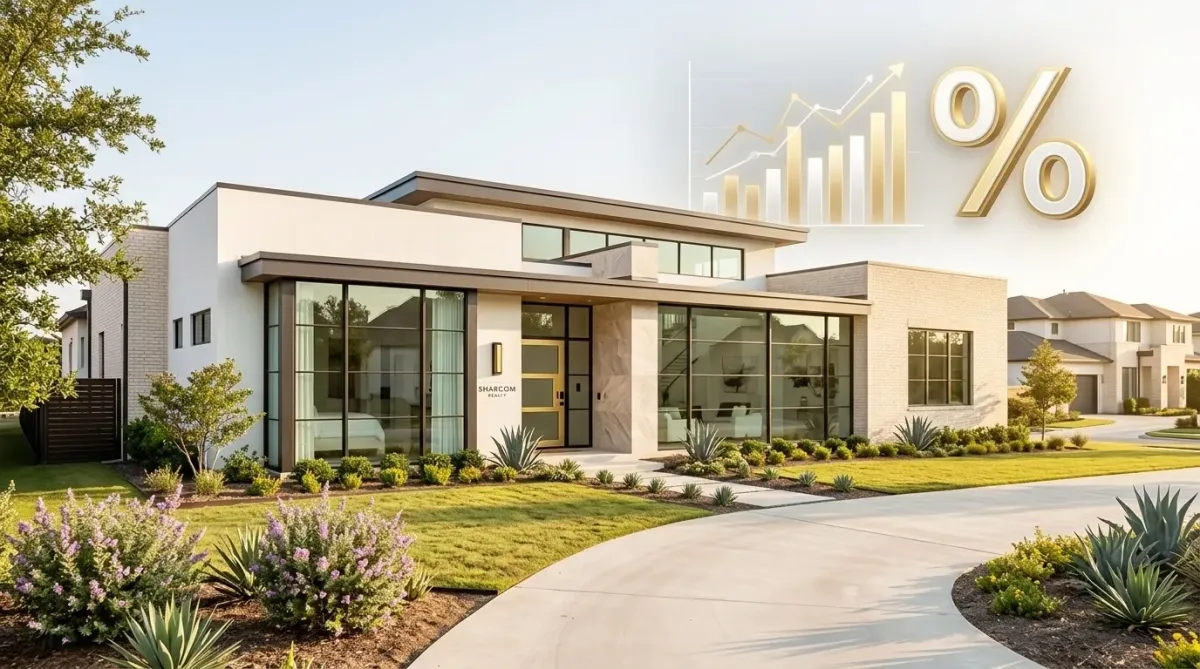 Modern luxury home exterior with clean landscaping and a percentage symbol graphic, representing mortgage rates, home equity, pricing, or return on investment in residential real estate.
