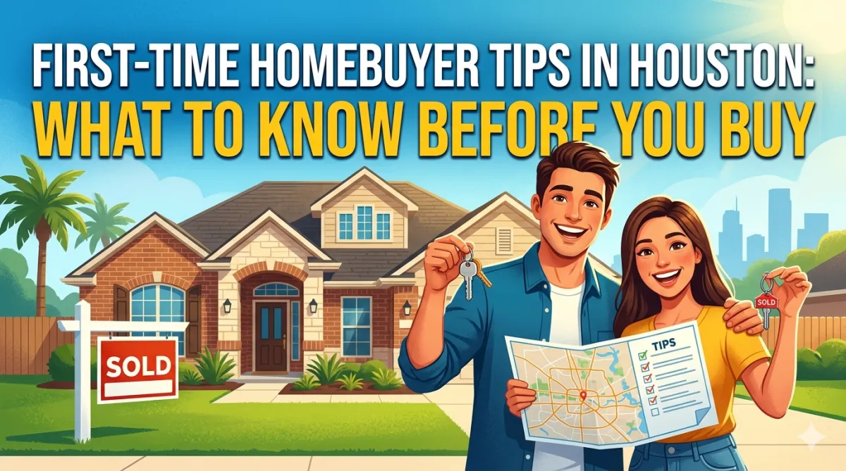First-time homebuyer tips for the Houston, Texas real estate market. Illustration of a successful home purchase with a sold sign, a Houston area map, and a couple with new keys. Graphic designed to provide advice on buying a house in Houston and navigating the local property market.
