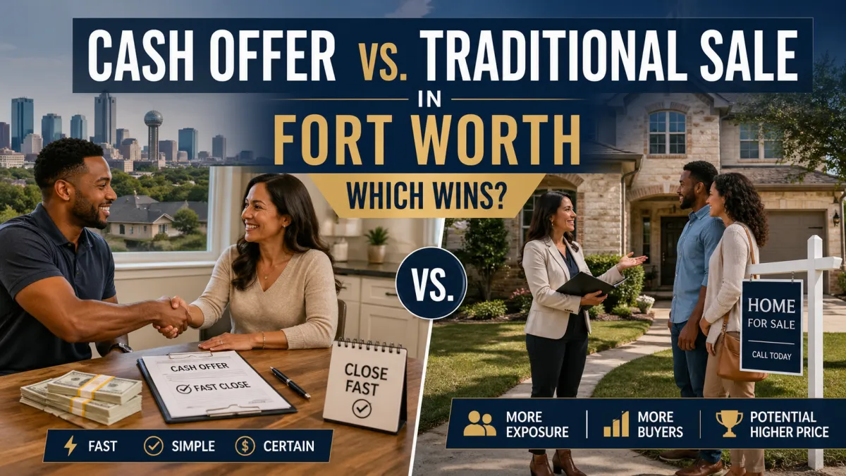 Cash offer versus traditional home sale in Fort Worth, Texas, showing sellers comparing fast closing certainty with broader market exposure, more buyers, and potential higher sale price.
