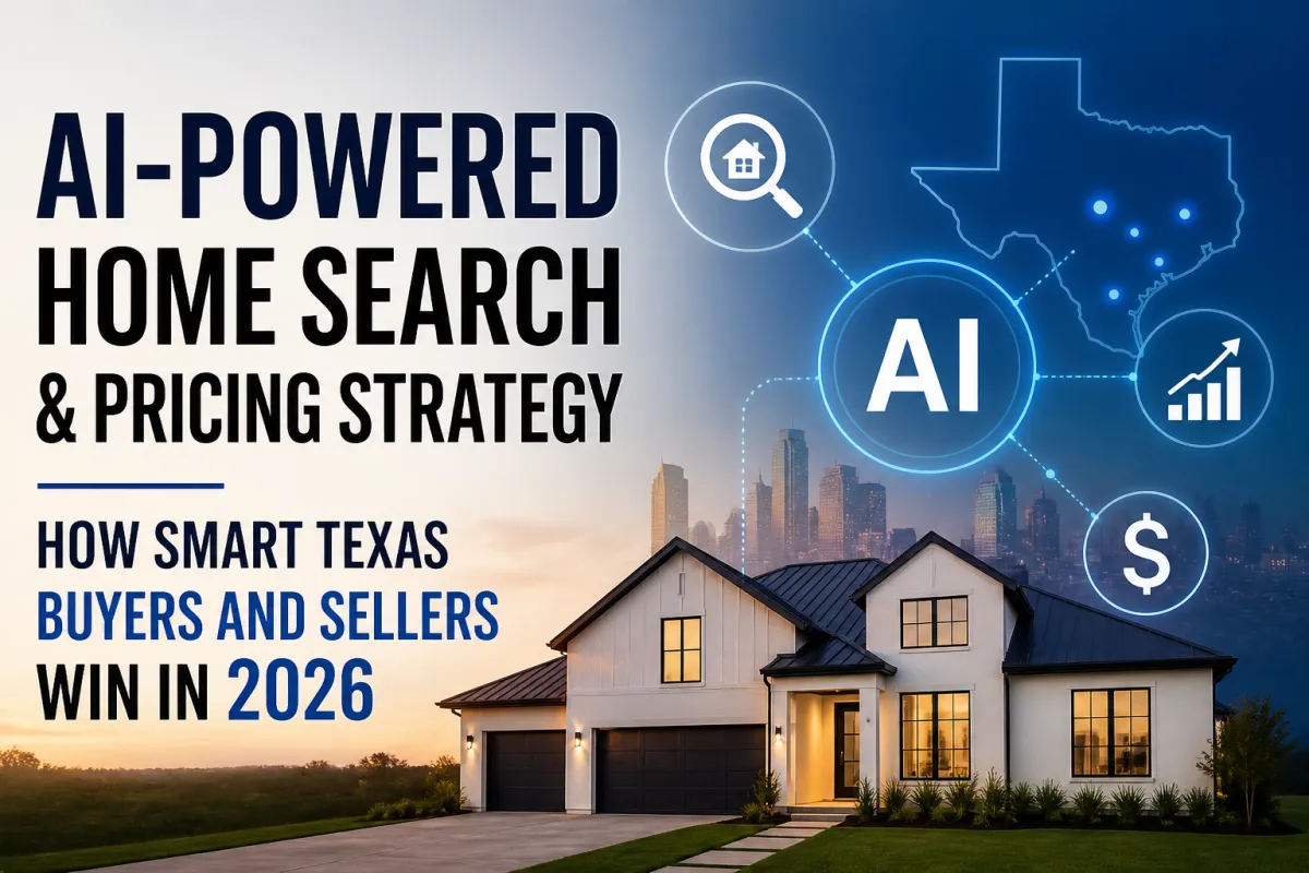 AI-powered home search and pricing strategy for Texas real estate showing a modern home, Texas map, AI data icons, and how smart buyers and sellers win in 2026.