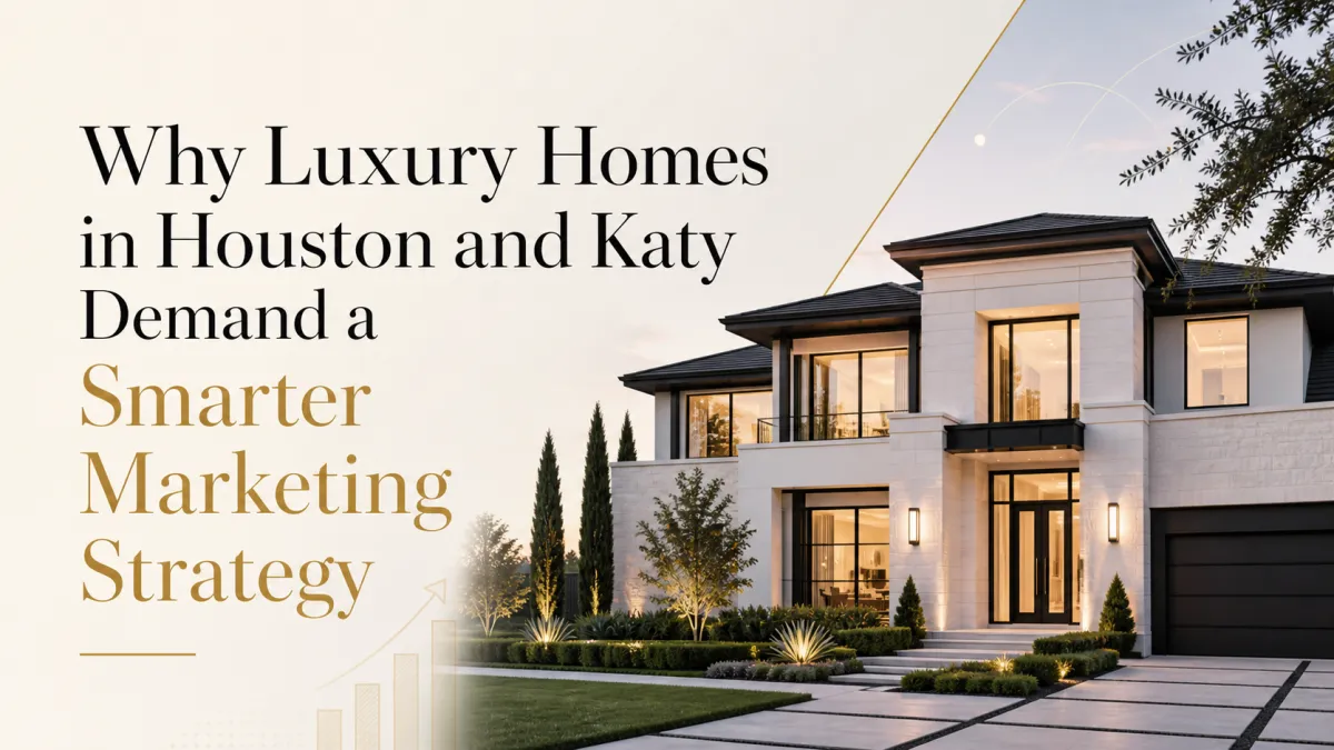 Luxury home marketing strategy for Houston and Katy sellers showing a high-end modern estate with elegant branding and message about smarter real estate marketing for luxury listings.