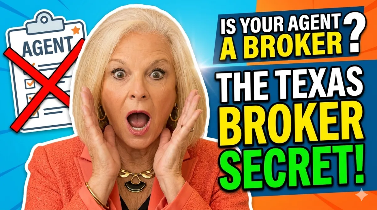 Texas broker versus real estate agent YouTube thumbnail featuring Sharon Yeary with bold text asking if your agent is a broker and explaining the Texas broker difference.