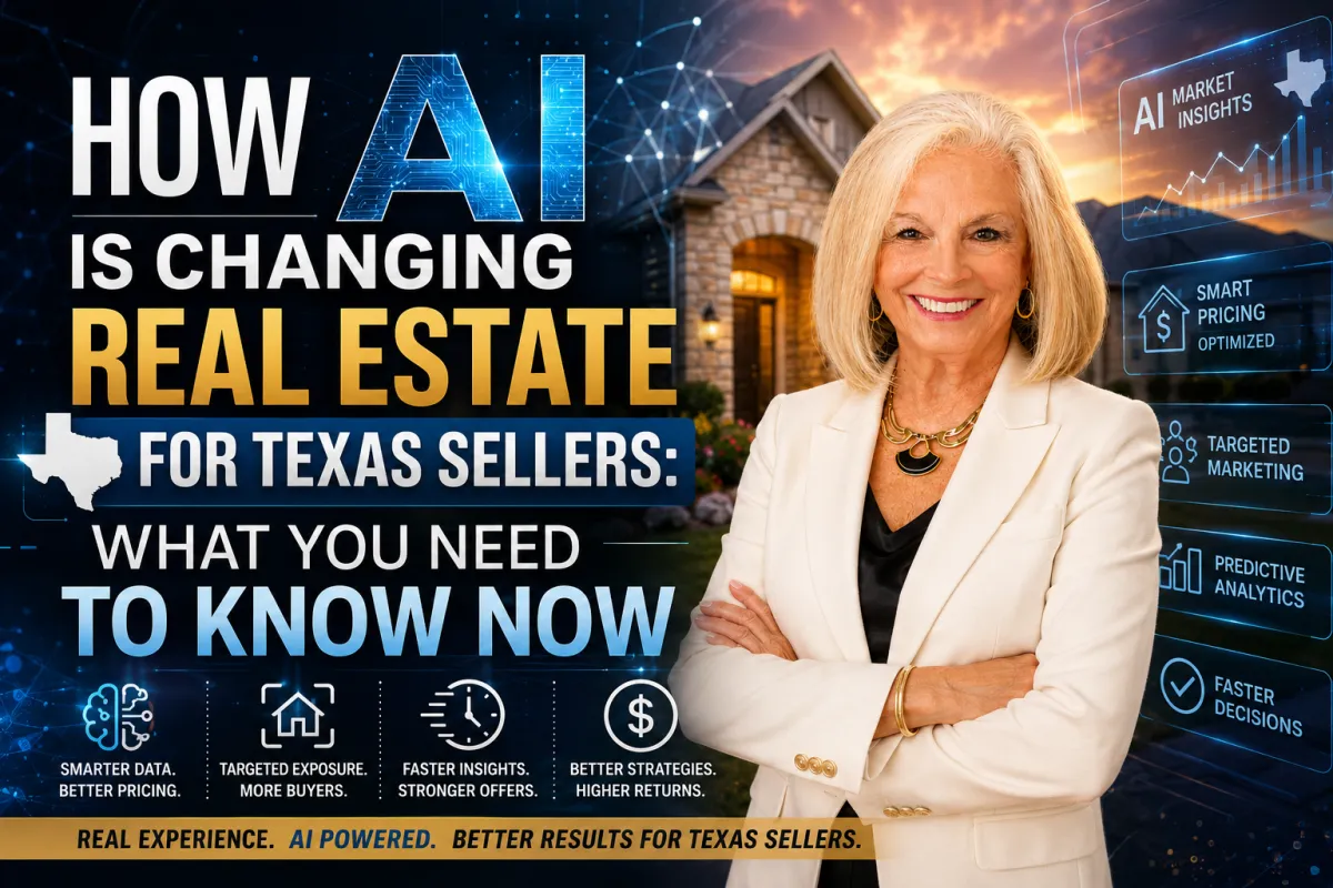 Sharon Yeary, Texas Broker, featured in a real estate AI marketing graphic explaining how AI is changing Texas real estate for sellers with smart pricing, targeted marketing, predictive analytics, faster insights, and better listing results.