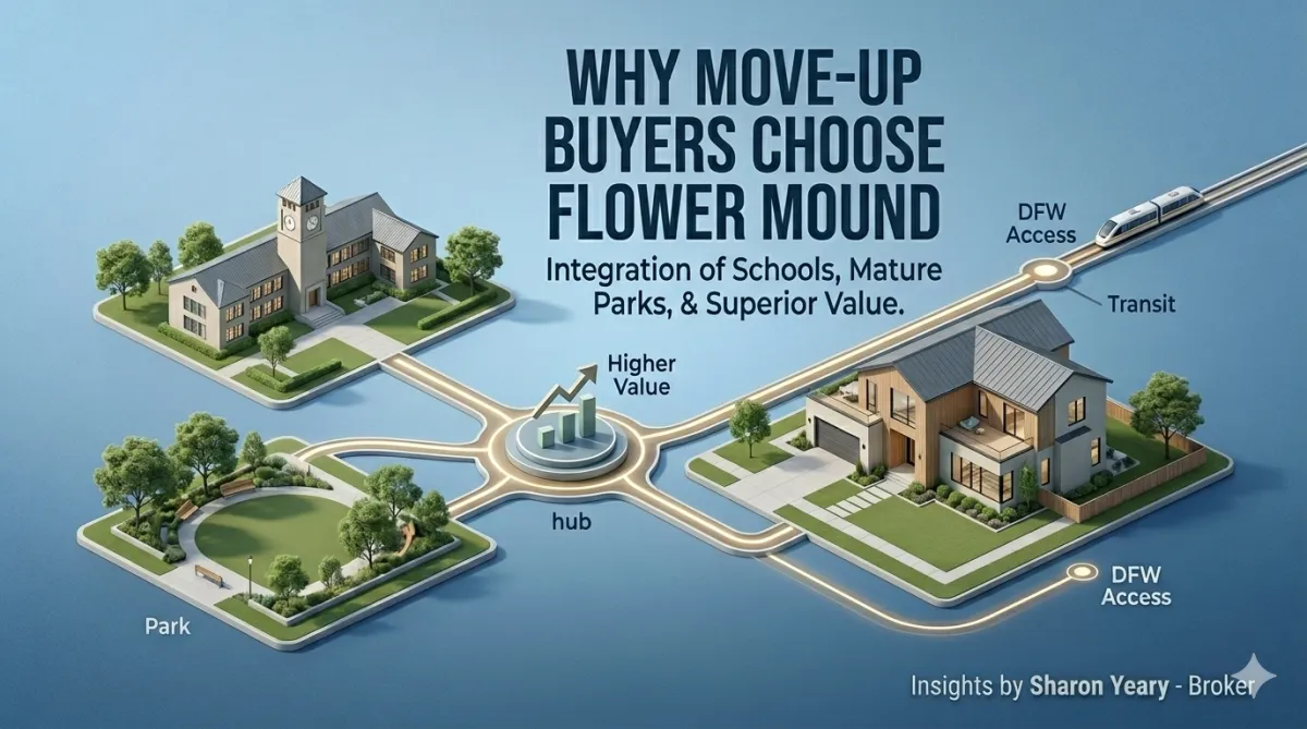 Illustrated Flower Mound, Texas real estate graphic showing why move-up buyers choose Flower Mound, highlighting schools, mature parks, DFW access, transit, higher value, and family-friendly neighborhoods with insights by Sharon Yeary, Texas Broker.