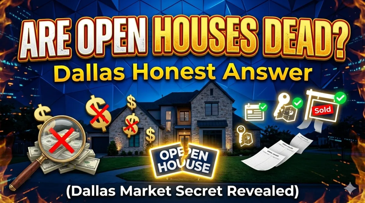 Bold Dallas real estate thumbnail about whether open houses are still effective, featuring a luxury home, open house sign, sold sign, buyer activity icons, and seller strategy messaging.