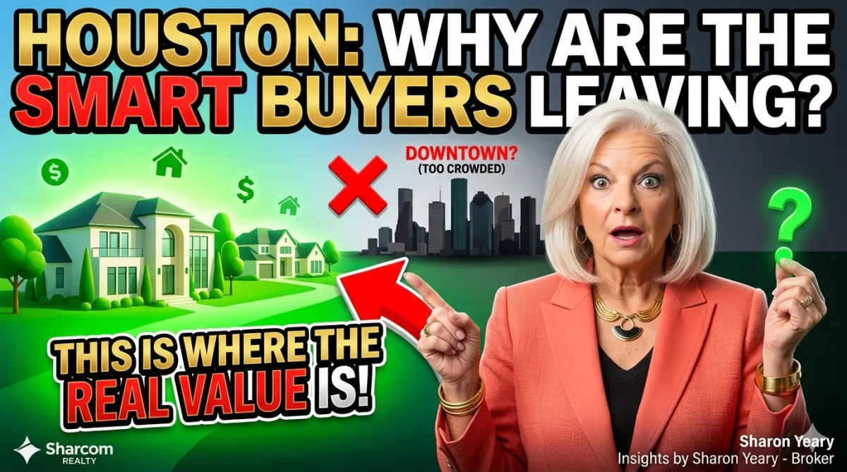 Houston real estate market image featuring Sharon Yeary of Sharcom Realty discussing why smart buyers are moving away from crowded downtown areas toward suburban communities with stronger home value.
