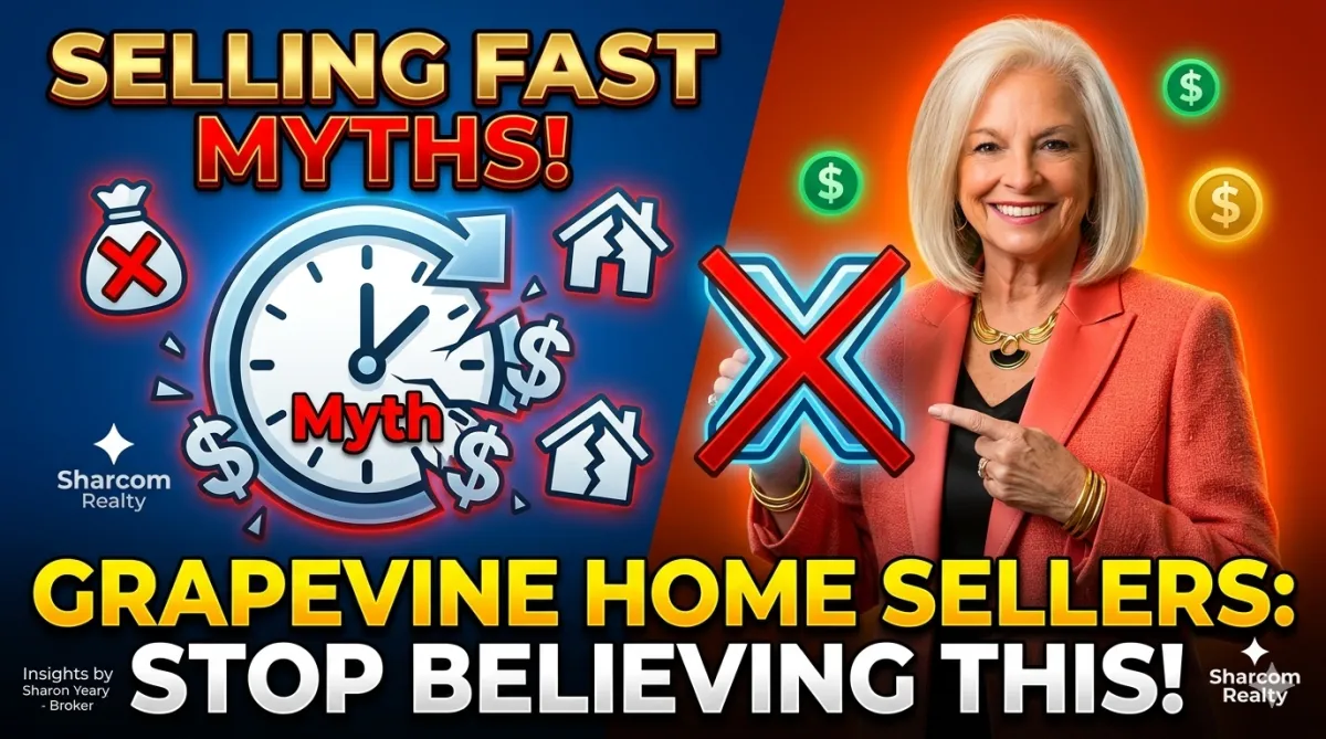 Selling fast myths for Grapevine home sellers thumbnail featuring Sharon Yeary of Sharcom Realty with real estate icons, warning symbols, and a message about avoiding costly seller misconceptions.