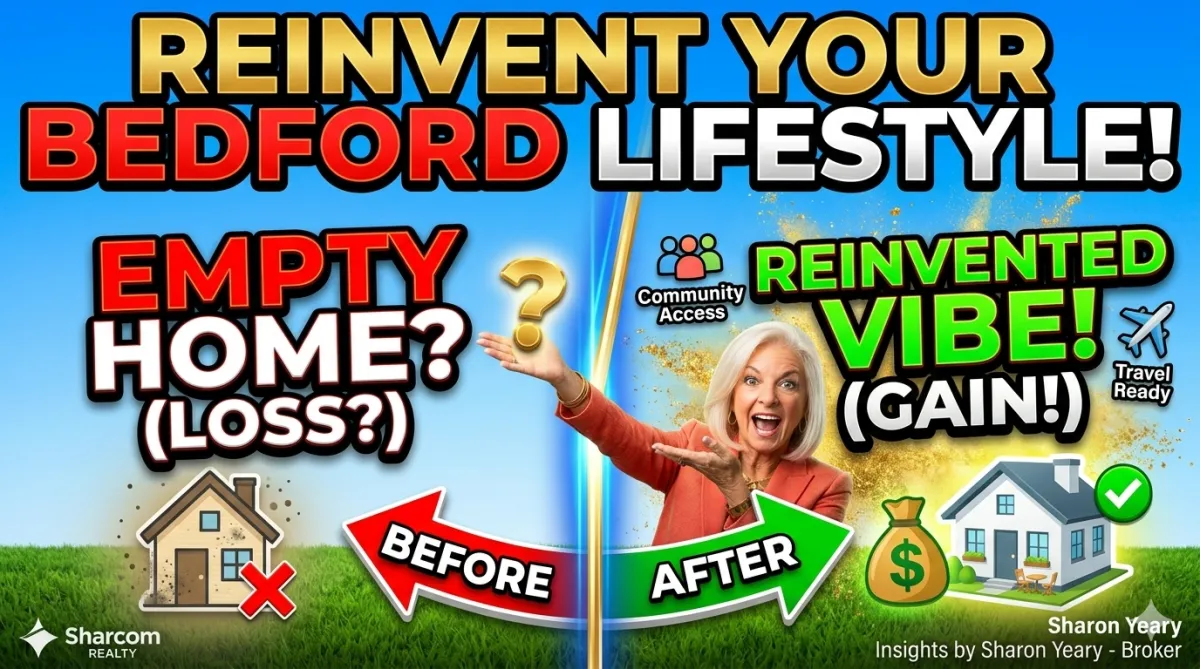 Bedford Texas real estate video thumbnail about downsizing, empty nest living, lifestyle reinvention, community access, travel readiness, and smart home value.
