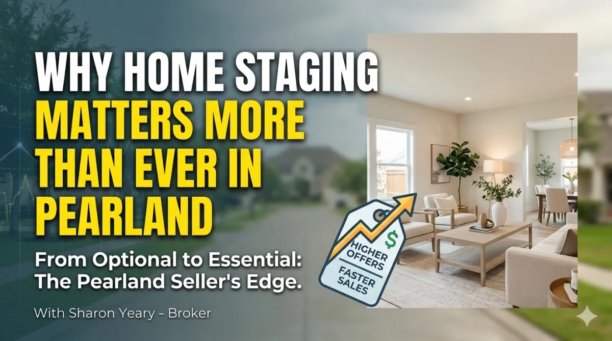 Why home staging matters more than ever in Pearland real estate, featuring a professionally staged living room, seller strategy messaging, and benefits such as higher offers, faster sales, and stronger buyer appeal.