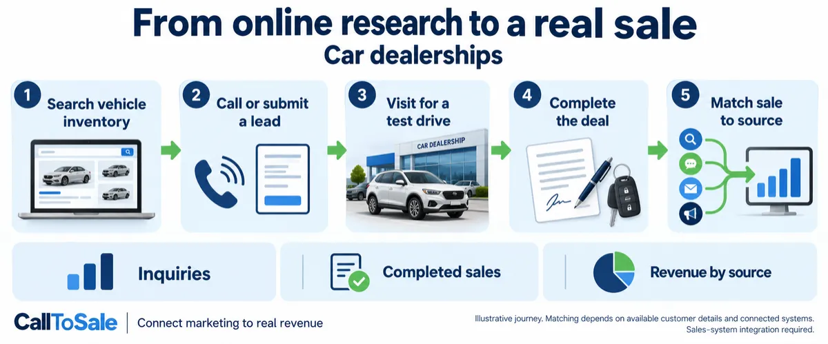 Car dealerships customer journey from online research to a Shopify POS in-store purchase and revenue reporting