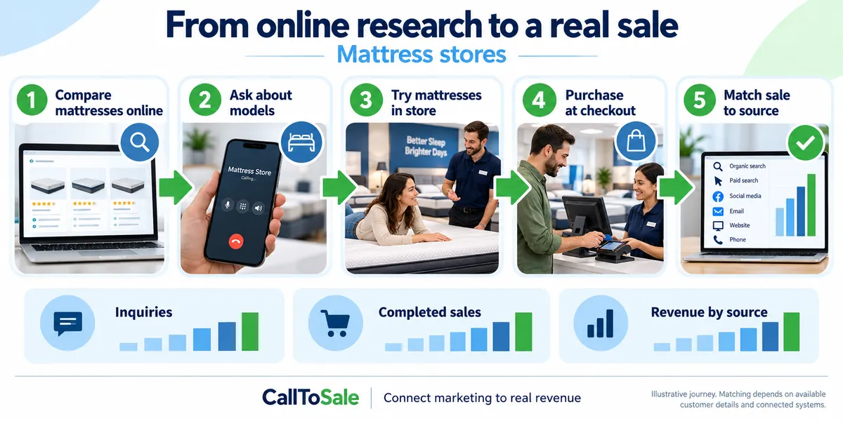 Mattress stores customer journey from online research to a Shopify POS in-store purchase and revenue reporting