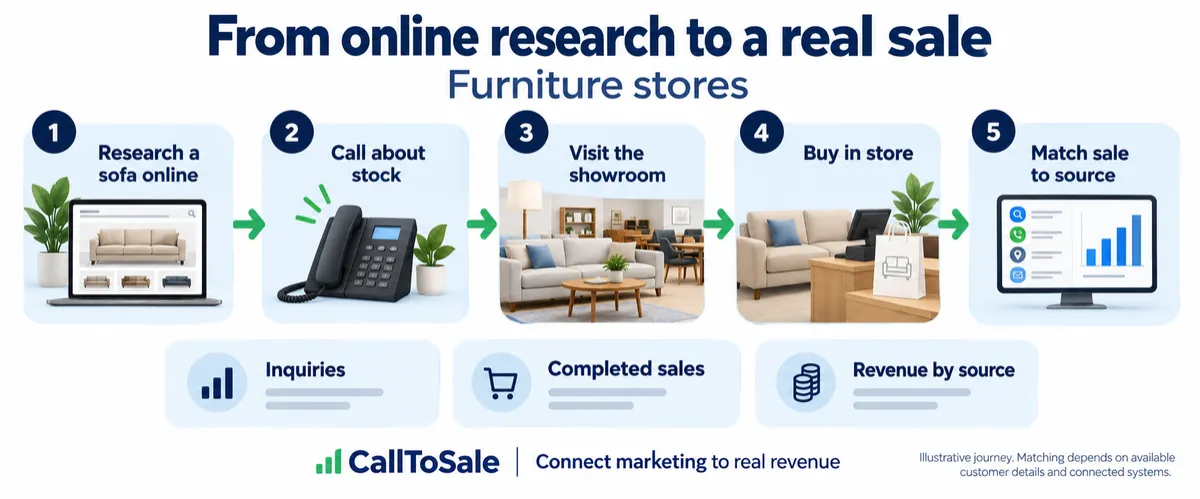 Furniture stores customer journey from online research to a Shopify POS in-store purchase and revenue reporting