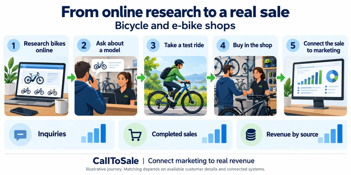 Bicycle and e-bike shops customer journey from online research to a Shopify POS in-store purchase and revenue reporting