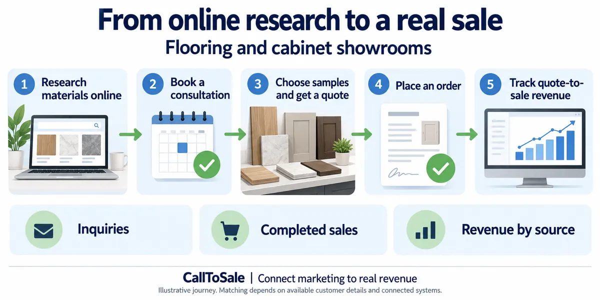 Flooring and cabinet showrooms customer journey from online research to a Shopify POS in-store purchase and revenue reporting