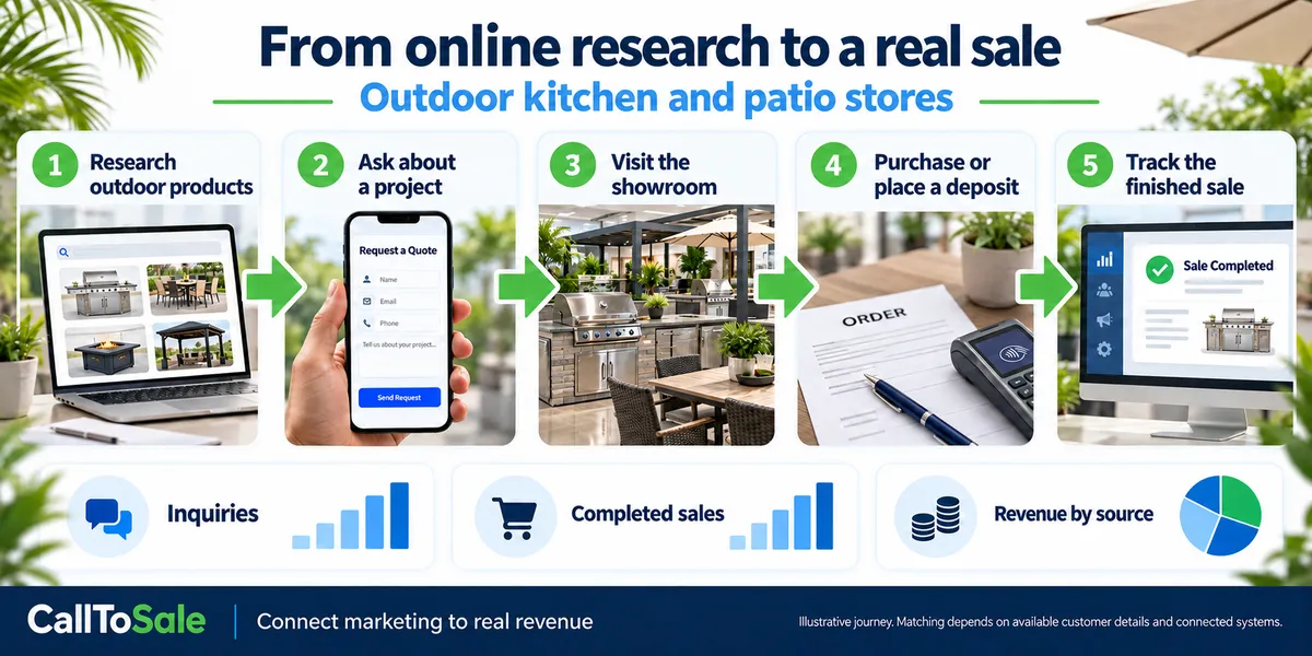 Outdoor kitchen and patio stores customer journey from online research to a Shopify POS in-store purchase and revenue reporting