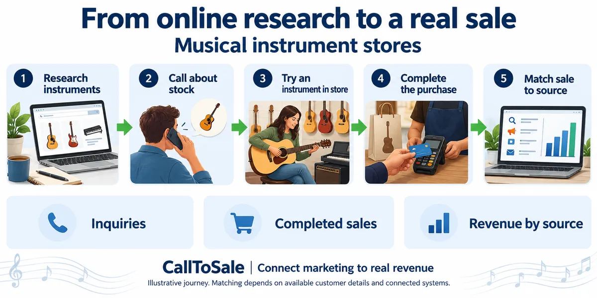 Musical instrument stores customer journey from online research to a Shopify POS in-store purchase and revenue reporting