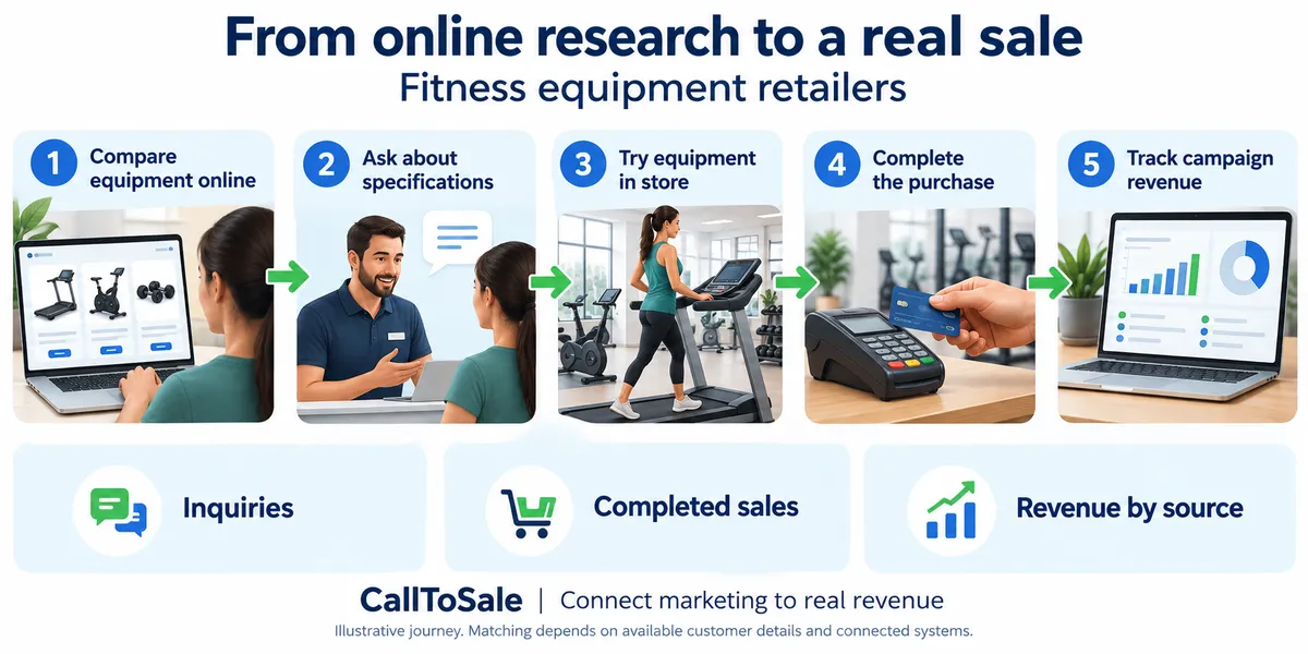 Fitness equipment retailers customer journey from online research to a Shopify POS in-store purchase and revenue reporting