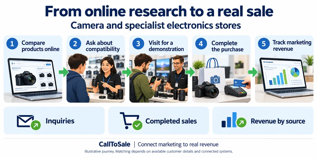Camera and specialist electronics stores customer journey from online research to a Shopify POS in-store purchase and revenue reporting